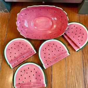 Vintage Lillian Vernon Watermelon ceramic serving bowl, plates, a small bowl
